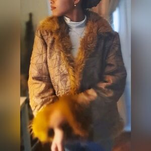 Vtg Imago Beige Faux Fur Trim Penny Lane 70s Jacket Coat Womens Sz Large Y2K